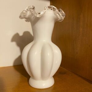 Fenton White and Clear Ruffled Glass Vase